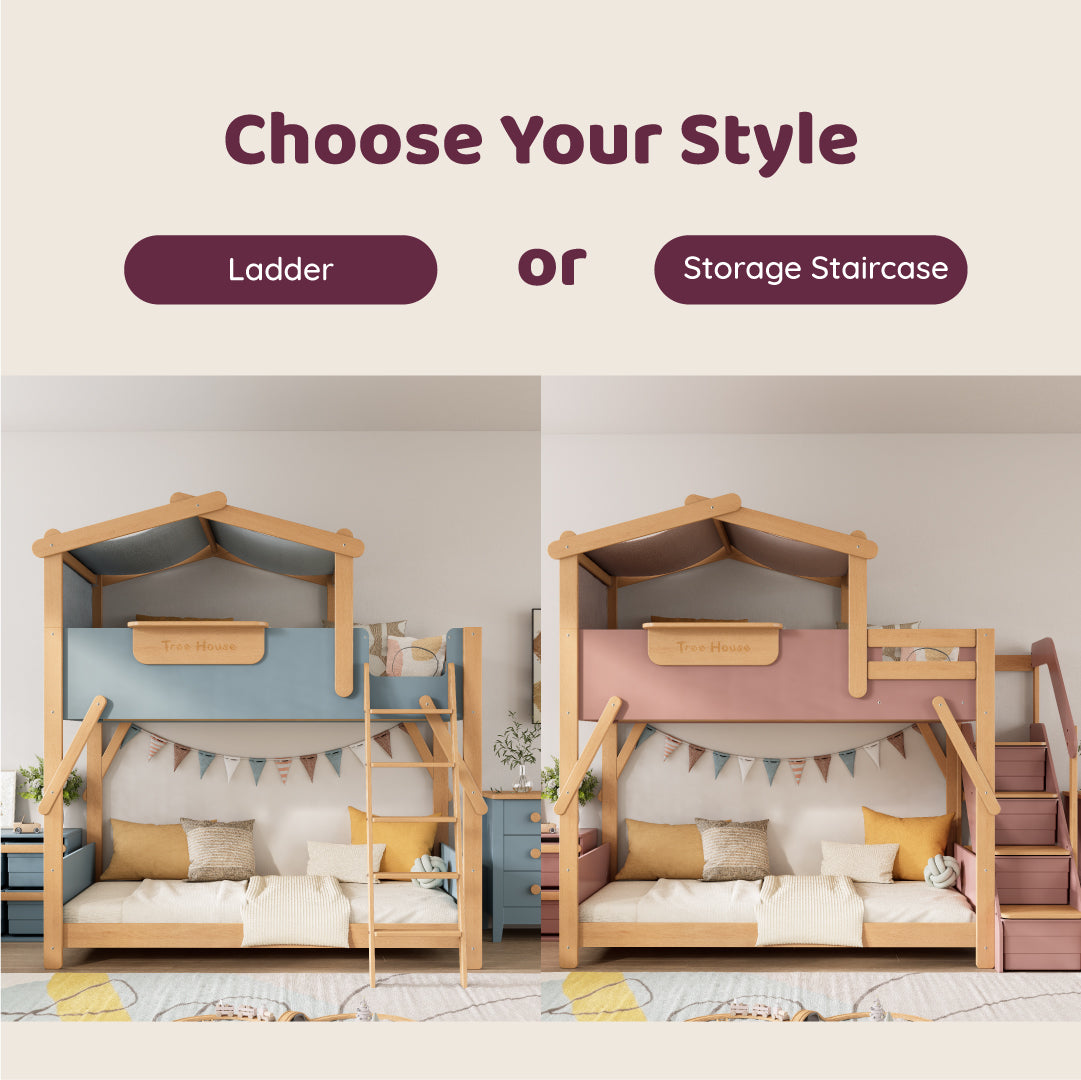 Treehouse King Single Bunk Bed + Roof Frame and Storage Staircase