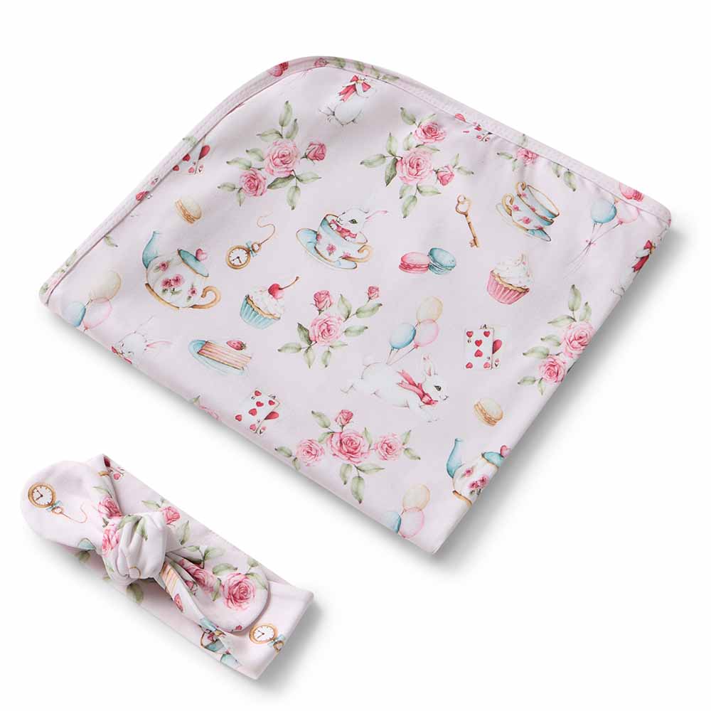 Alice’s Tea Party Organic Jersey Wrap & Topknot Set