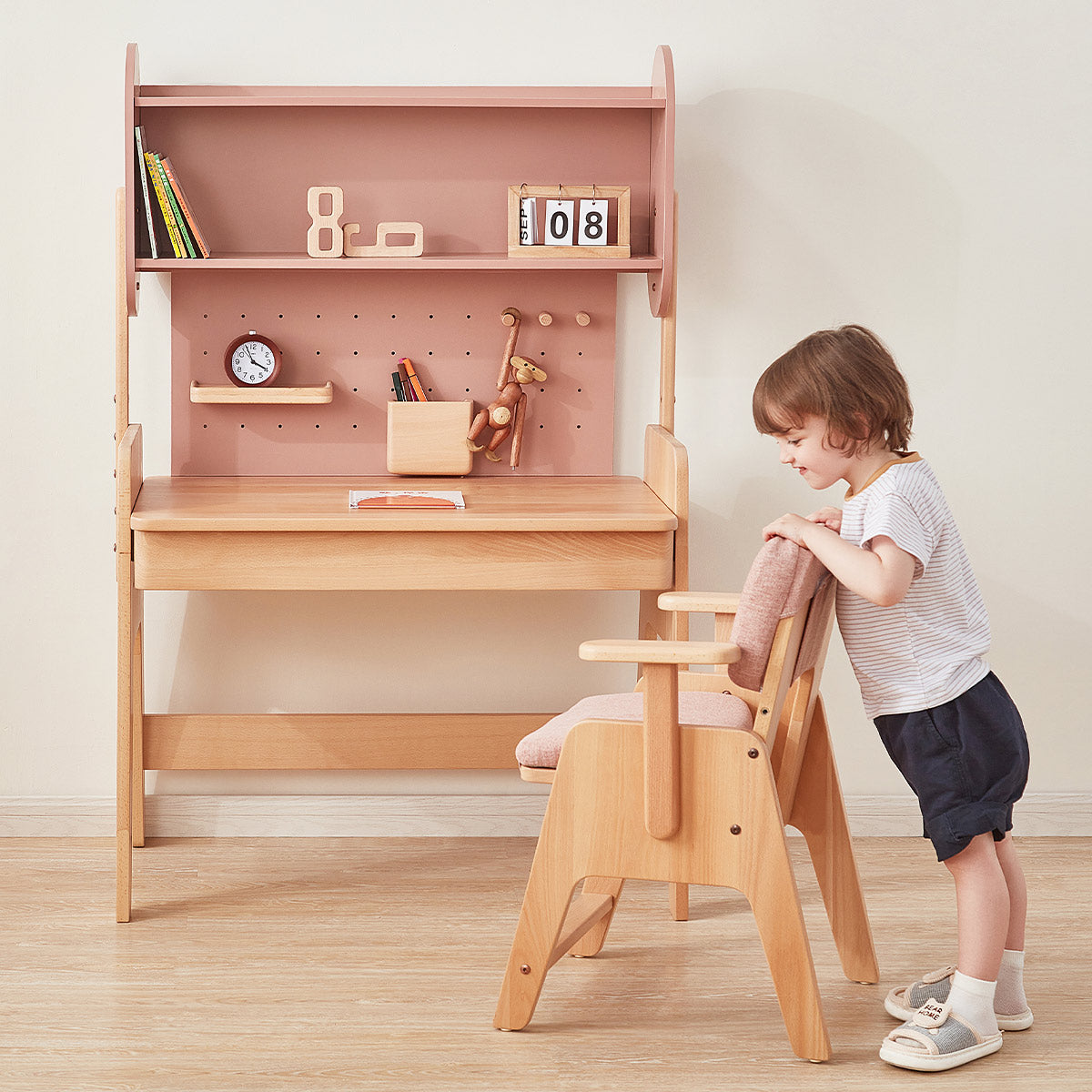 Boori Euler Desk with Pegboard Hutch, Study Chair and Cushion Set Package