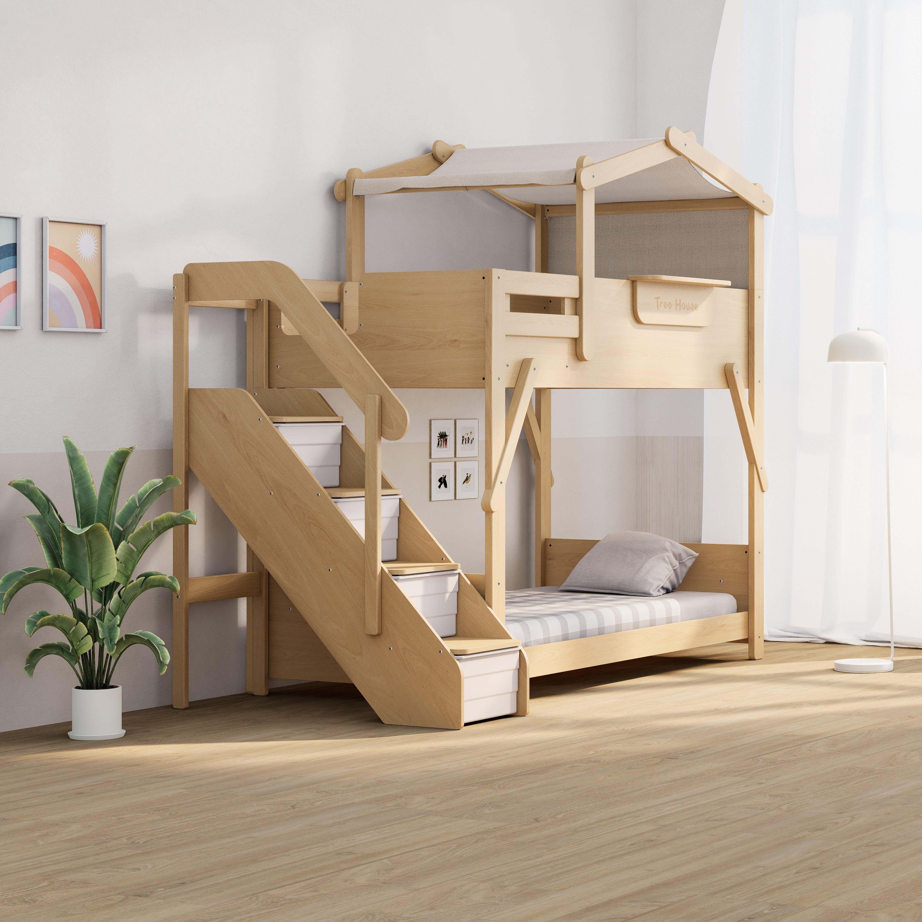 Treehouse King Single Bunk Bed with Roof Frame and Storage Staircase ...