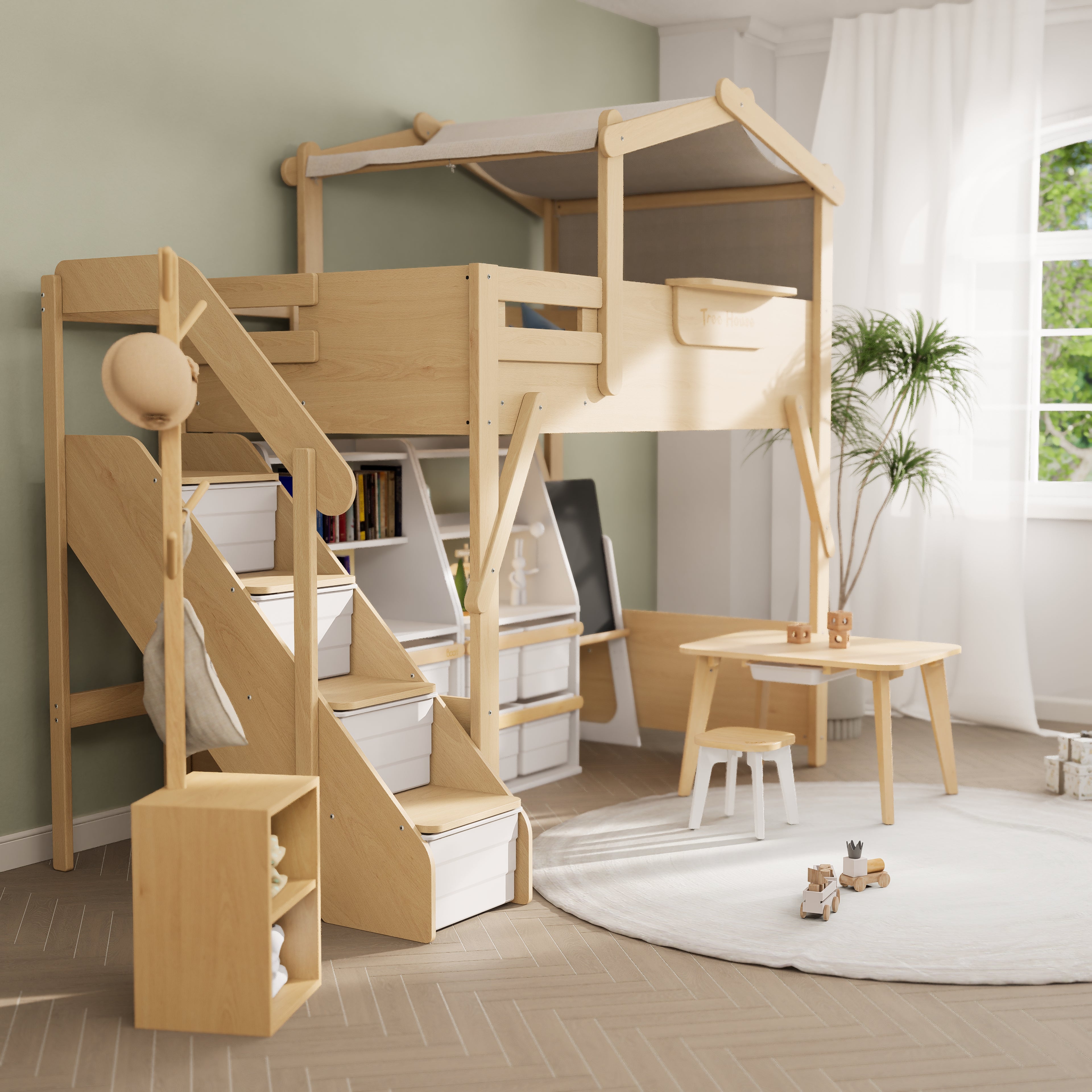 Treehouse King Single Bunk Bed with Roof Frame and Storage Staircase ...