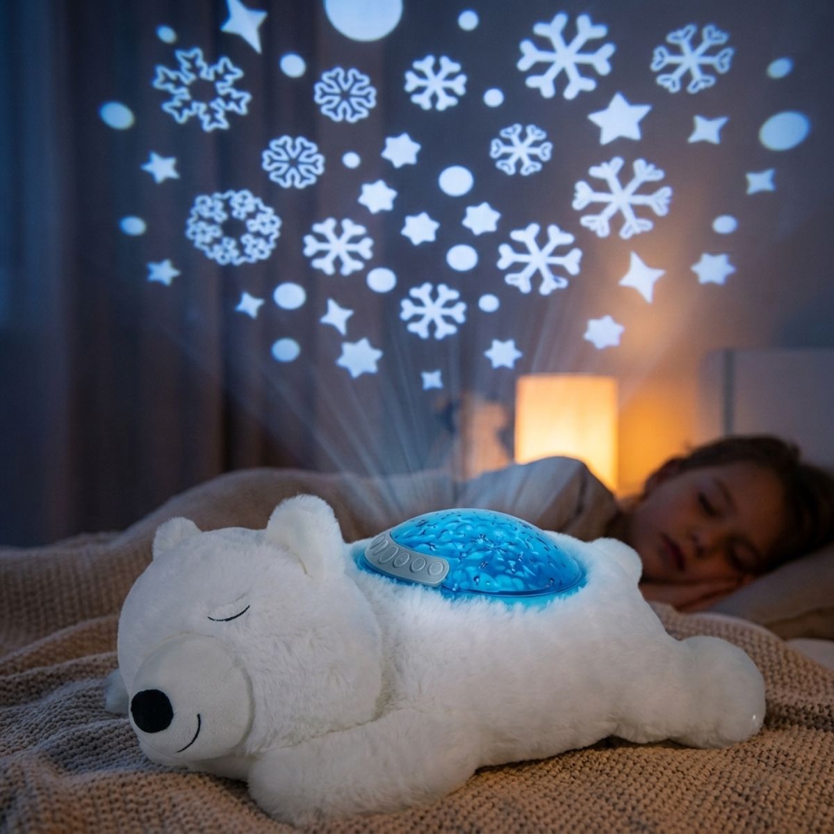 A white plush polar bear toy lying on a bed, projecting a constellation and snowflake pattern into the dark bedroom ceiling.