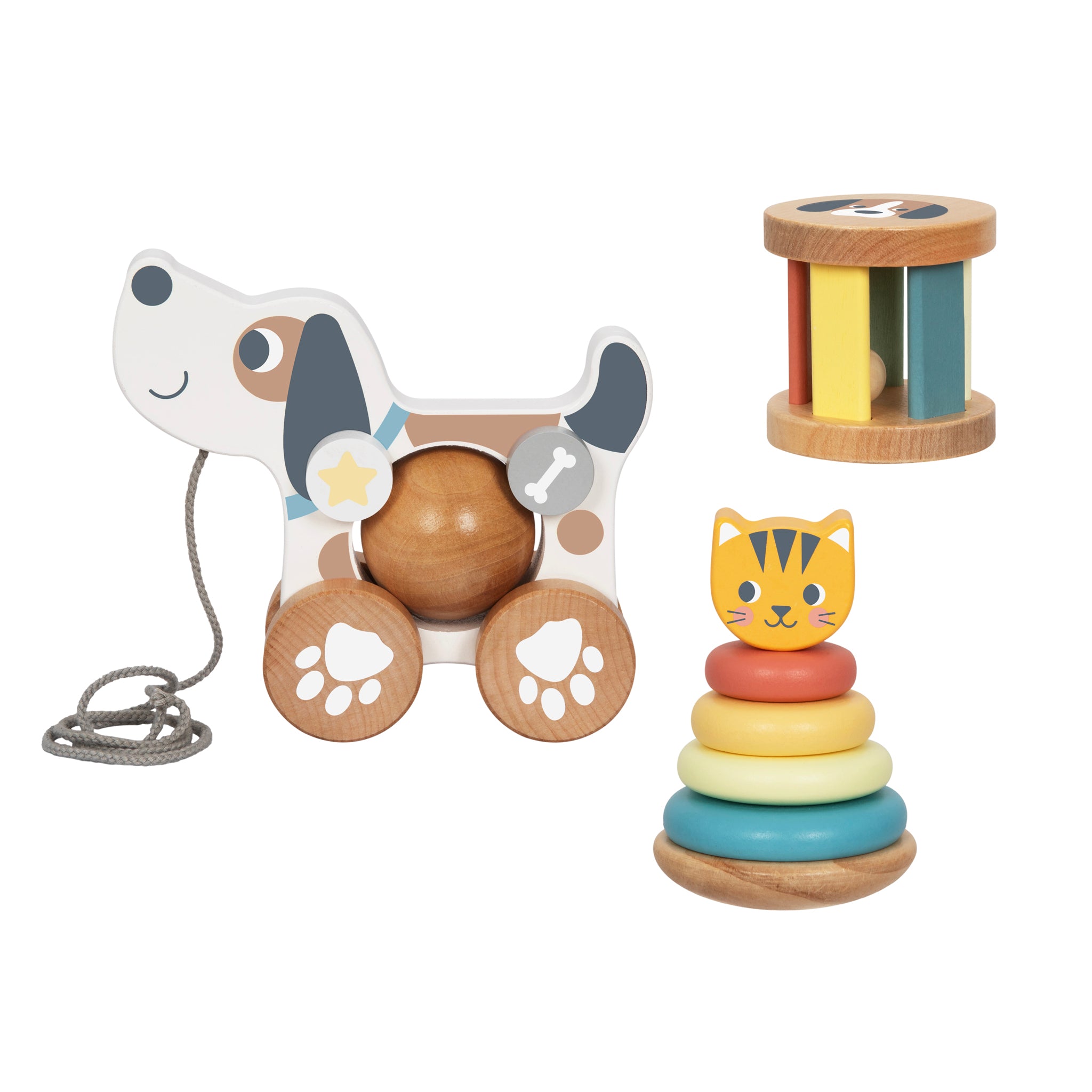 Tooky 3-in-1 Wooden Toy Gift Box | Pull Along Dog, Stacking Toy & Rattle