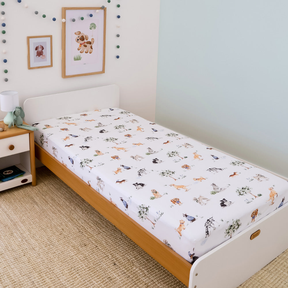 Snuggle Hunny Single Fitted Sheet - Dog Park