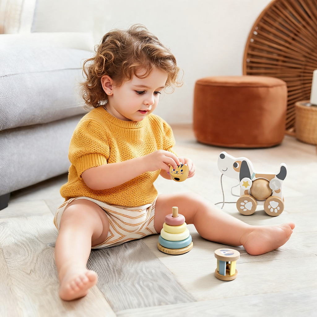 Tooky 3-in-1 Wooden Toy Gift Box | Pull Along Dog, Stacking Toy & Rattle